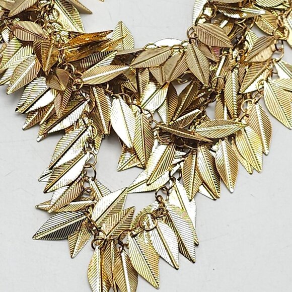Vintage Gold Tone Leaf Statement Necklace Cascading Layered Design - Picture 5 of 7